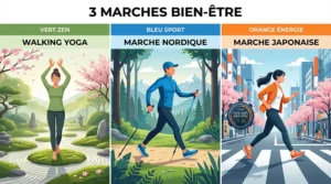 Walking yoga vs marche nordique vs marche japonaise : le comparatif pour choisir votre marche bien-être Illustration comparative trois types de marche bien-être : walking yoga zen à gauche, marche nordique dynamique au centre avec bâtons, marche japonaise intense à droite avec chronomètre, composition triptyque moderne colorée