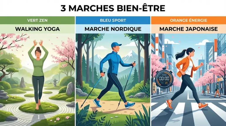 Illustration comparative trois types de marche bien-être : walking yoga zen à gauche, marche nordique dynamique au centre avec bâtons, marche japonaise intense à droite avec chronomètre, composition triptyque moderne colorée