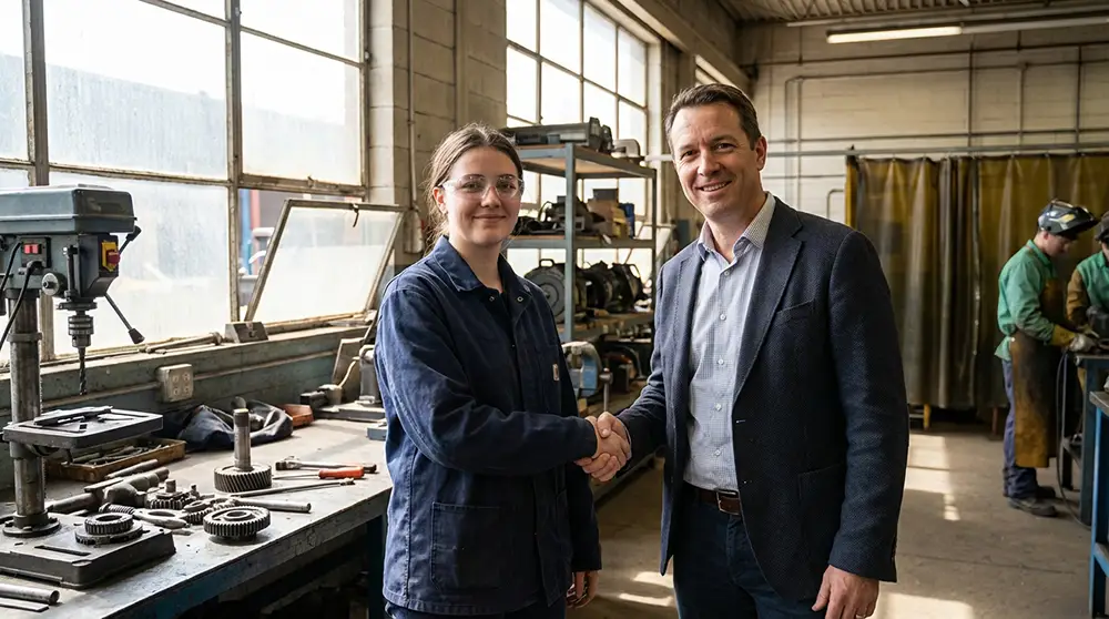 Jeune diplômé AFPA serrant la main d'un recruteur dans un atelier industriel après sa formation professionnelle