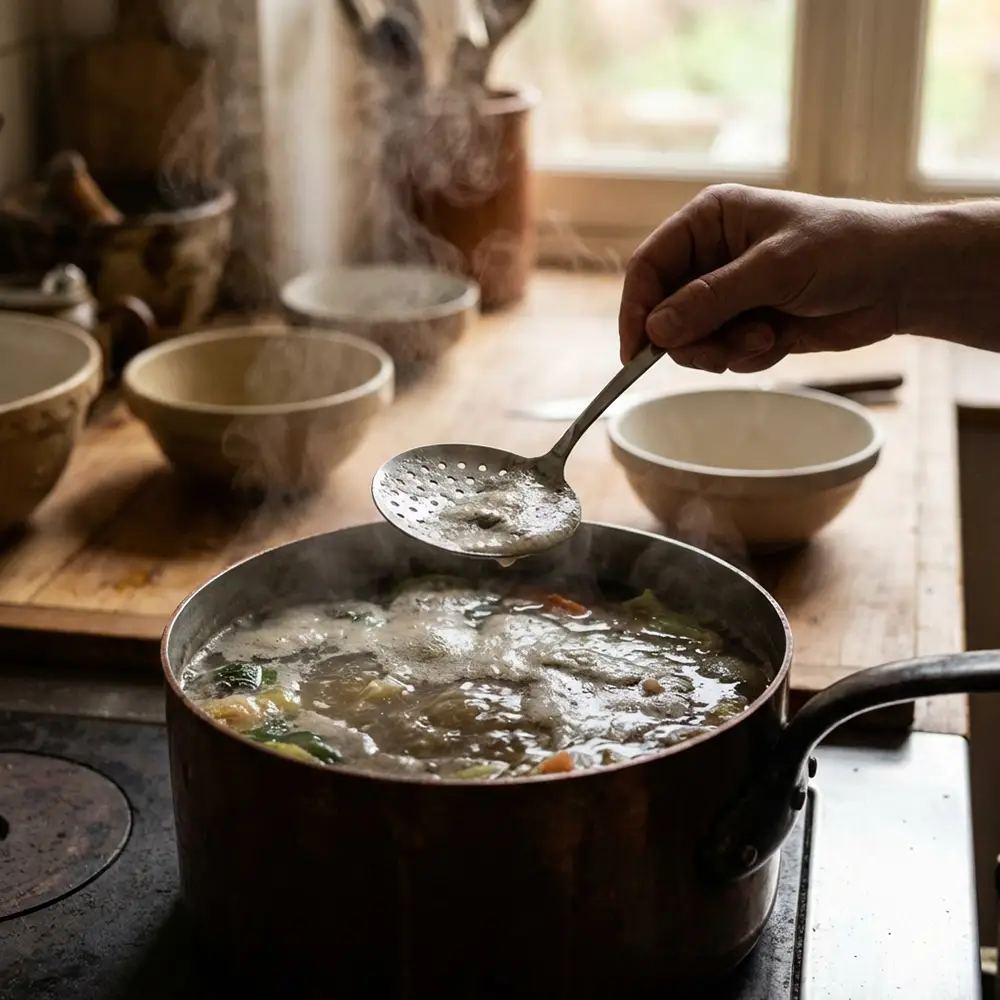 Main écumant la mousse grise à la surface d'un bouillon de pot-au-feu en train de frémir dans une grande marmite