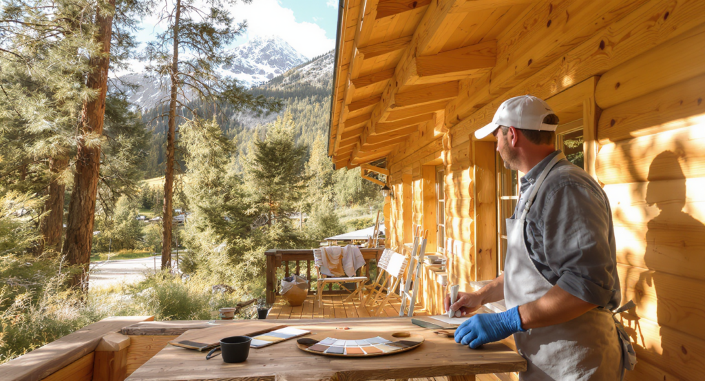 Peinture pour chalet : guide des matériaux, couleurs et entretien durable Chalet en bois fraîchement peint avec couleurs naturelles et durables