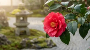 Fleurs japonaises rouges : symboles et usages quotidiens Camélia rouge en fleur sur une branche avec un jardin zen japonais traditionnel en arrière-plan