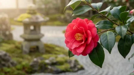 Fleurs japonaises rouges : symboles et usages quotidiens Camélia rouge en fleur sur une branche avec un jardin zen japonais traditionnel en arrière-plan