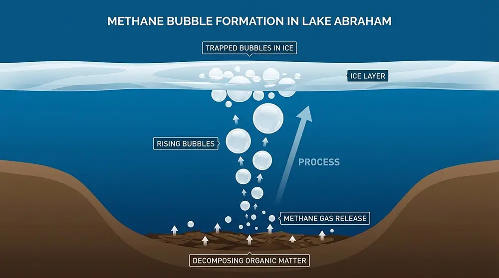 Infographie expliquant le processus de formation des bulles de méthane sous la glace du lac Abraham en Alberta