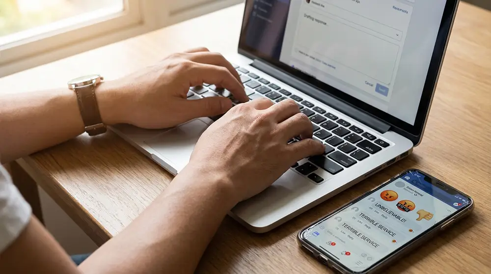 Mains d'un community manager rédigeant une réponse de gestion de crise sur un ordinateur portable avec des notifications de réseaux sociaux