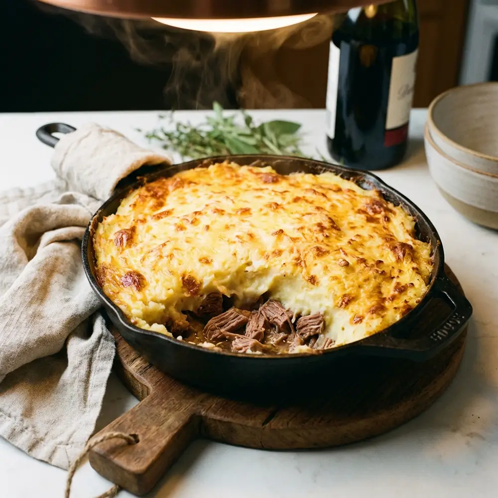 Gratin de hachis parmentier doré au four dans un plat en fonte, réalisé avec les restes de viande de pot-au-feu