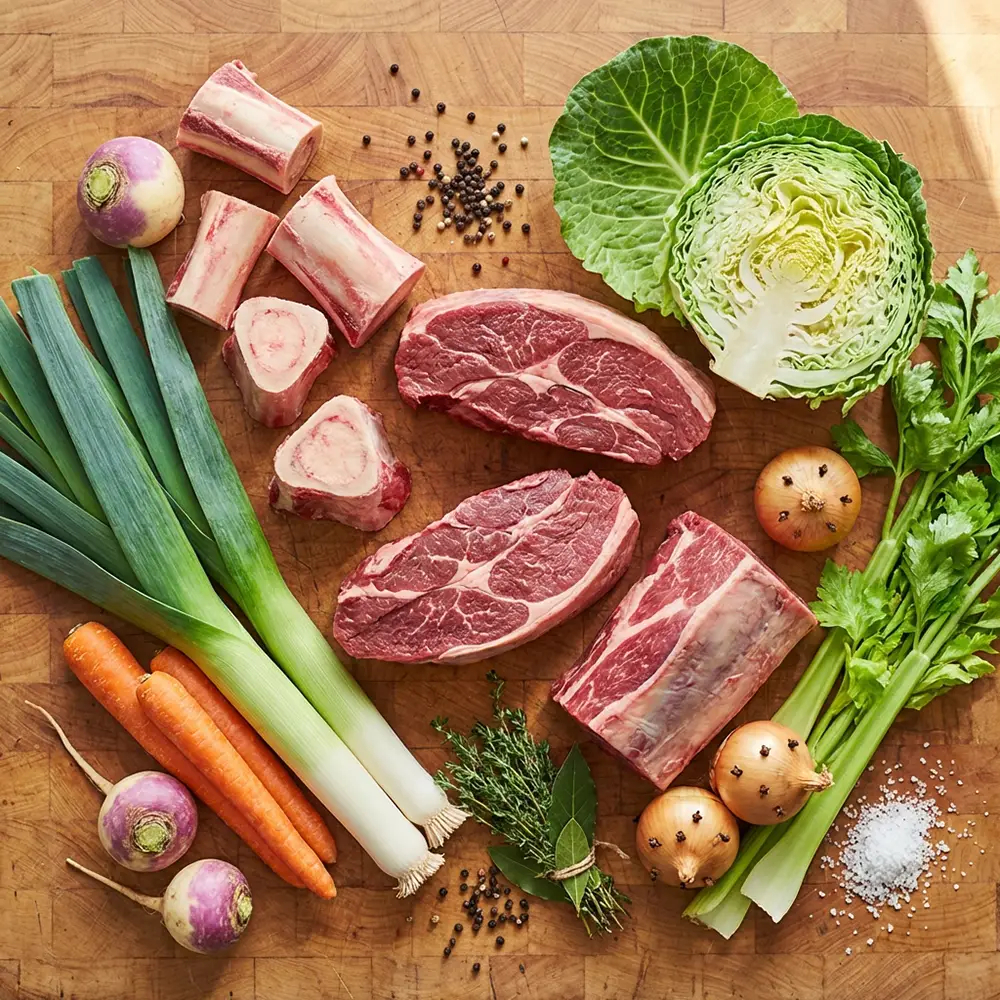 Disposition à plat des ingrédients du pot-au-feu : paleron, gîte, os à moelle, poireaux, carottes, navets, chou vert, céleri, oignons piqués de clous de girofle et thym