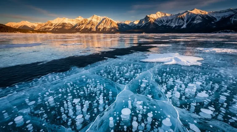 Vue panoramique du lac Abraham en hiver avec des milliers de bulles de méthane figées sous la glace translucide et les Rocheuses canadiennes en arrière-plan