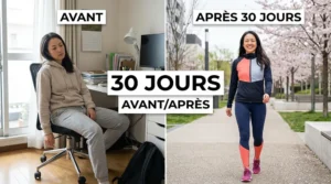J’ai testé la marche japonaise pendant 30 jours : mon avis honnête (avant/après) Transformation avant après d'une femme de 35-40 ans ayant testé la marche japonaise pendant 30 jours, split-screen montrant à gauche l'état initial fatigué et à droite après 30 jours avec sourire radieux en tenue de sport