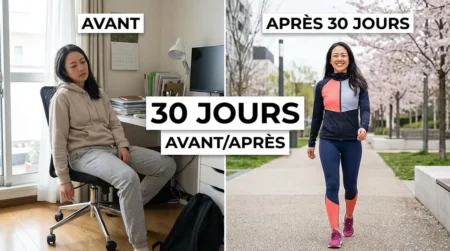 J’ai testé la marche japonaise pendant 30 jours : mon avis honnête (avant/après) Transformation avant après d'une femme de 35-40 ans ayant testé la marche japonaise pendant 30 jours, split-screen montrant à gauche l'état initial fatigué et à droite après 30 jours avec sourire radieux en tenue de sport