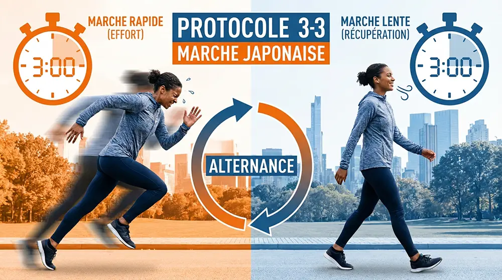 Illustration marche japonaise protocole 3-3 : personne en deux phases côte à côte, marche rapide effort intense transpiration à gauche, marche lente récupération calme à droite, chronomètres 3:00 visibles, flèche circulaire alternance