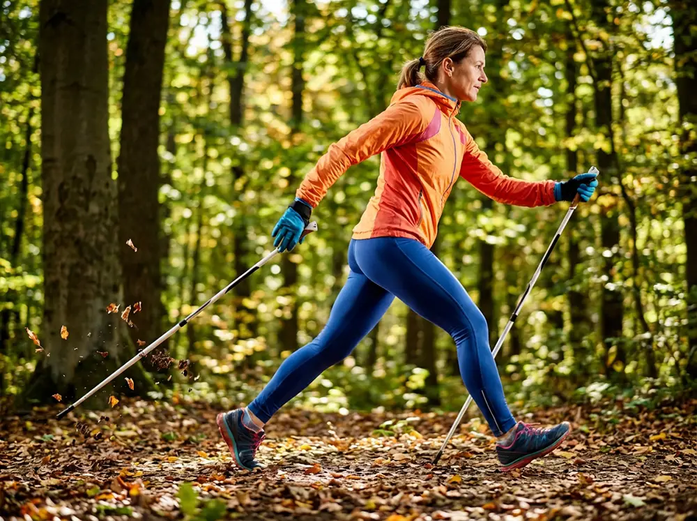 Personne pratiquant la marche nordique en action dynamique avec bâtons nordiques, propulsion arrière visible, muscles bras et jambes engagés, sentier forestier, vêtements techniques colorés, mouvement fluide