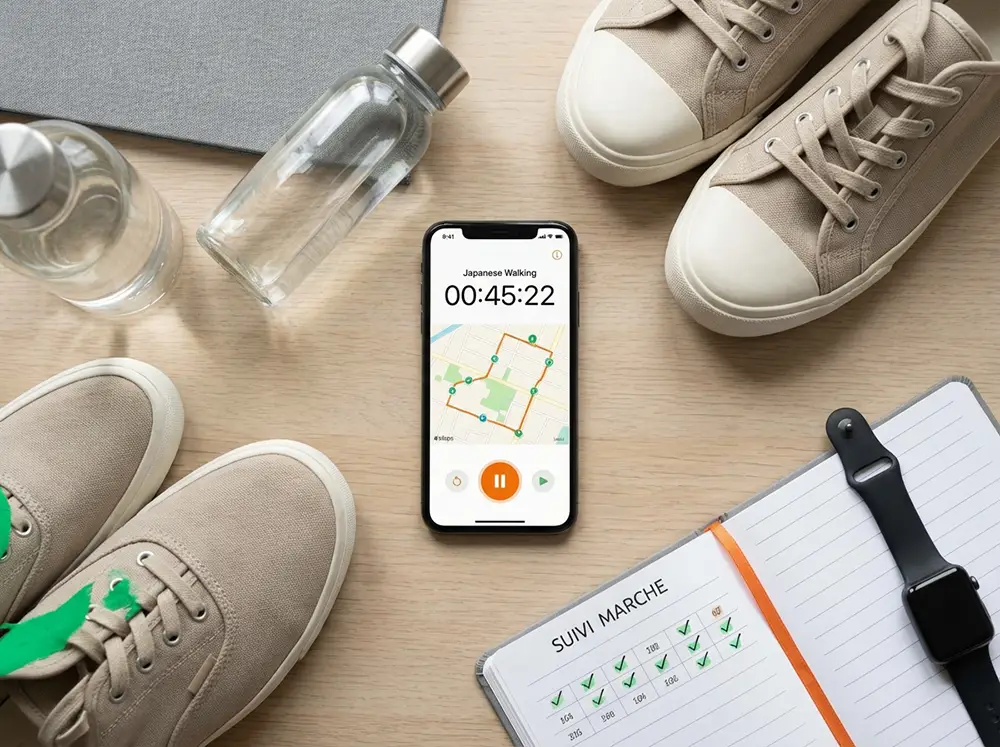 Vue en flatlay organisé montrant le matériel pratique pour la marche japonaise : smartphone avec application chronomètre, chaussures de sport, bouteille d'eau, montre cardio fitness et carnet de suivi avec dates cochées sur table moderne
