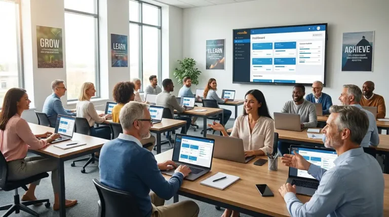 Groupe d'apprenants adultes en centre de formation AFPA avec ordinateurs portables et tableau de bord e-learning Métis affiché à l'écran