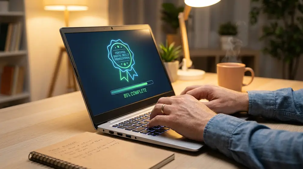 Mains sur un clavier d'ordinateur affichant un open badge de certification et une barre de progression d'apprentissage sur la plateforme Métis AFPA