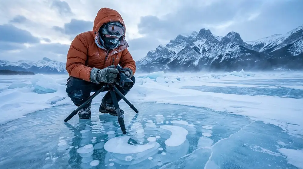 Photographe accroupi avec trépied et grand-angle sur la glace du lac Abraham pour capturer les bulles de méthane gelées