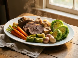 Pot-au-feu de Cyril Lignac : la recette complète et ses astuces de chef pour sublimer les légumes d’hiver Plat de pot-au-feu de Cyril Lignac avec tranches de paleron, carottes, poireaux ficelés, navets, chou vert et os à moelle