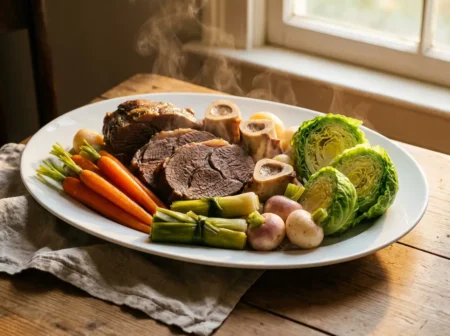 Pot-au-feu de Cyril Lignac : la recette complète et ses astuces de chef pour sublimer les légumes d’hiver Plat de pot-au-feu de Cyril Lignac avec tranches de paleron, carottes, poireaux ficelés, navets, chou vert et os à moelle