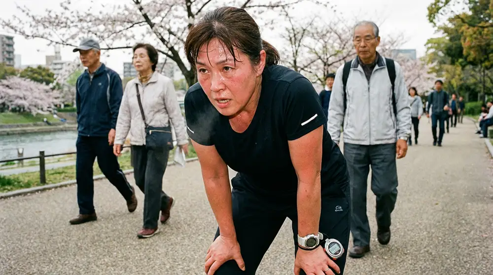 Femme essoufflée et fatiguée mais déterminée pendant l'effort de marche japonaise dans un parc, transpiration visible, mains sur les genoux, chronomètre au poignet, expression authentique d'effort intense