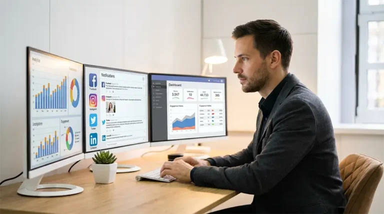 6 qualités essentielles pour un community manager performant Community manager professionnel travaillant sur plusieurs écrans affichant des tableaux de bord de réseaux sociaux et des statistiques