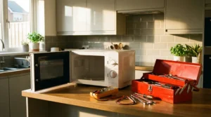 Dépannage micro-ondes : pannes fréquentes, coûts et recours au pro Micro-ondes ouvert sur un plan de travail de cuisine avec une boîte à outils et un multimètre pour le diagnostic de panne