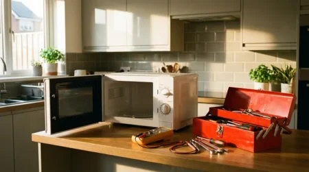Dépannage micro-ondes : pannes fréquentes, coûts et recours au pro Micro-ondes ouvert sur un plan de travail de cuisine avec une boîte à outils et un multimètre pour le diagnostic de panne