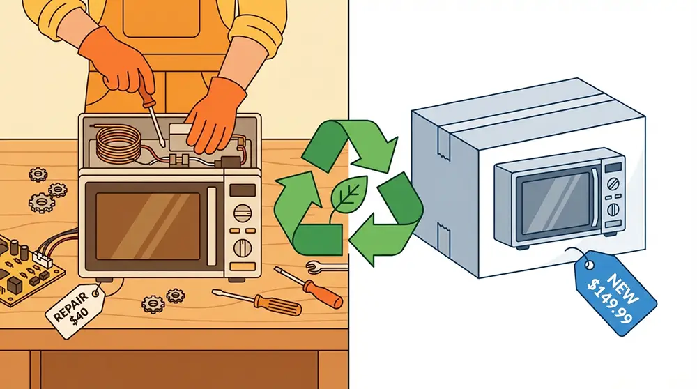 Illustration comparative entre la réparation d'un micro-ondes par un technicien et l'achat d'un appareil neuf avec un symbole de recyclage
