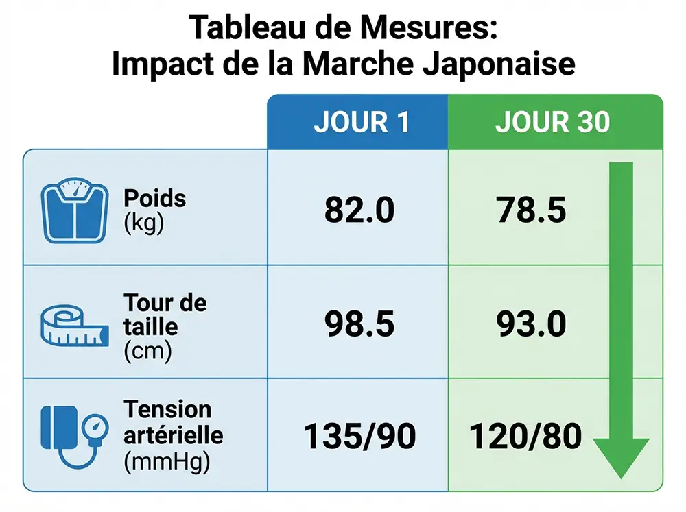 Infographie tableau comparatif clair montrant les mesures avant et après 30 jours de marche japonaise avec colonnes Jour 1 et Jour 30, lignes indiquant poids, tour de taille et tension artérielle avec flèches vertes descendantes