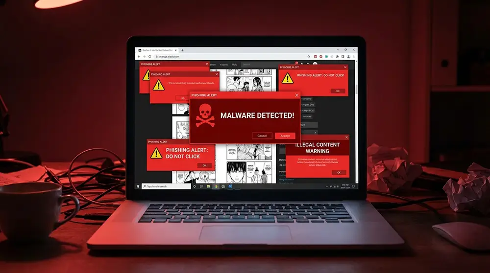 Écran d'ordinateur affichant un site de scan manga illégal envahi de pop-ups malveillants et d'alertes de sécurité