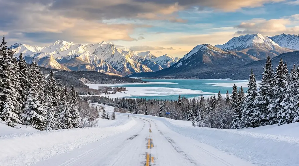 Route hivernale David Thompson Highway menant au lac Abraham en Alberta avec montagnes enneigées et véhicule 4x4