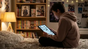 Scan manga VF : sites légaux et dangers des illégaux Adolescent lisant un manga en français sur une tablette dans une chambre avec des tomes de mangas en arrière-plan