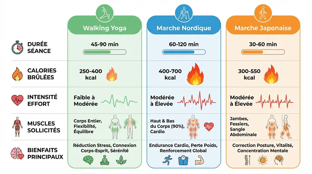 Infographie moderne tableau comparatif trois colonnes walking yoga marche nordique marche japonaise avec données durée calories intensité muscles bienfaits, design épuré professionnel couleurs vert zen bleu sport orange énergie