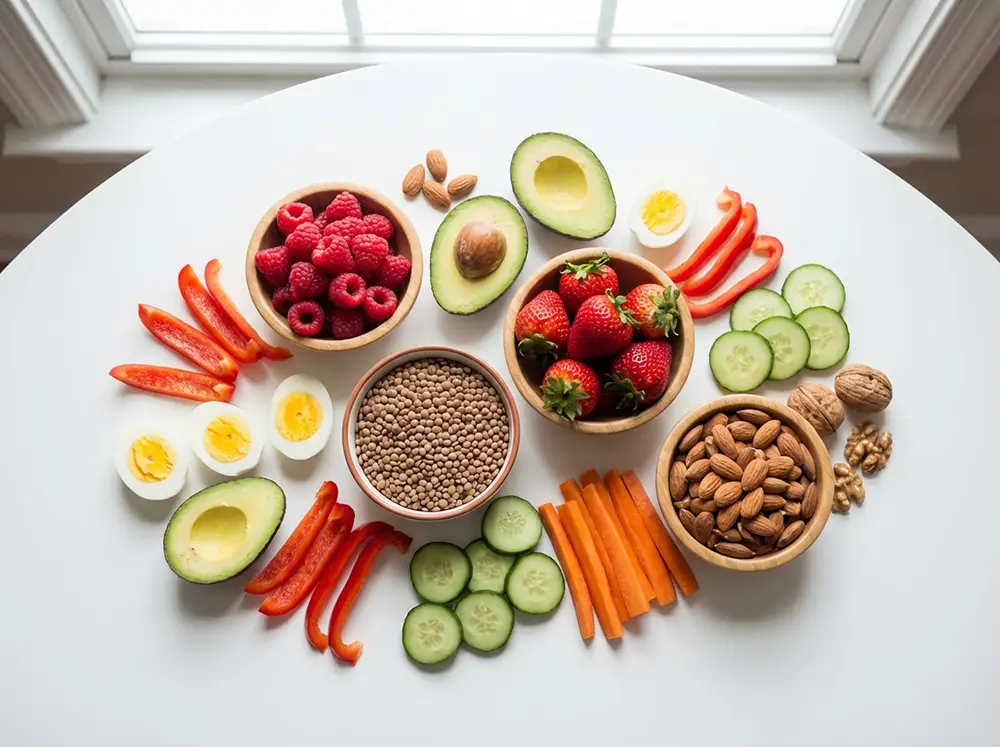 Flat lay d'aliments bruts et sains sans sucres ajoutés : fruits rouges, amandes, lentilles, légumes colorés et avocat