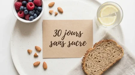 Que se passe-t-il dans votre corps quand vous arrêtez le sucre pendant 30 jours ? Flat lay de fruits rouges, amandes et pain complet illustrant un régime sans sucre pendant 30 jours
