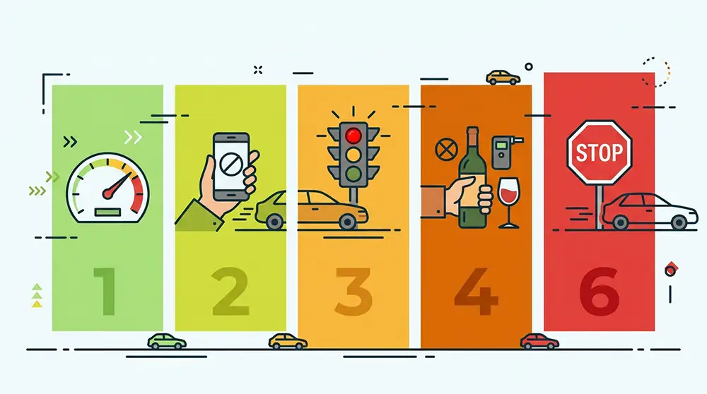 Infographie des cinq paliers de retrait de points par infraction routière