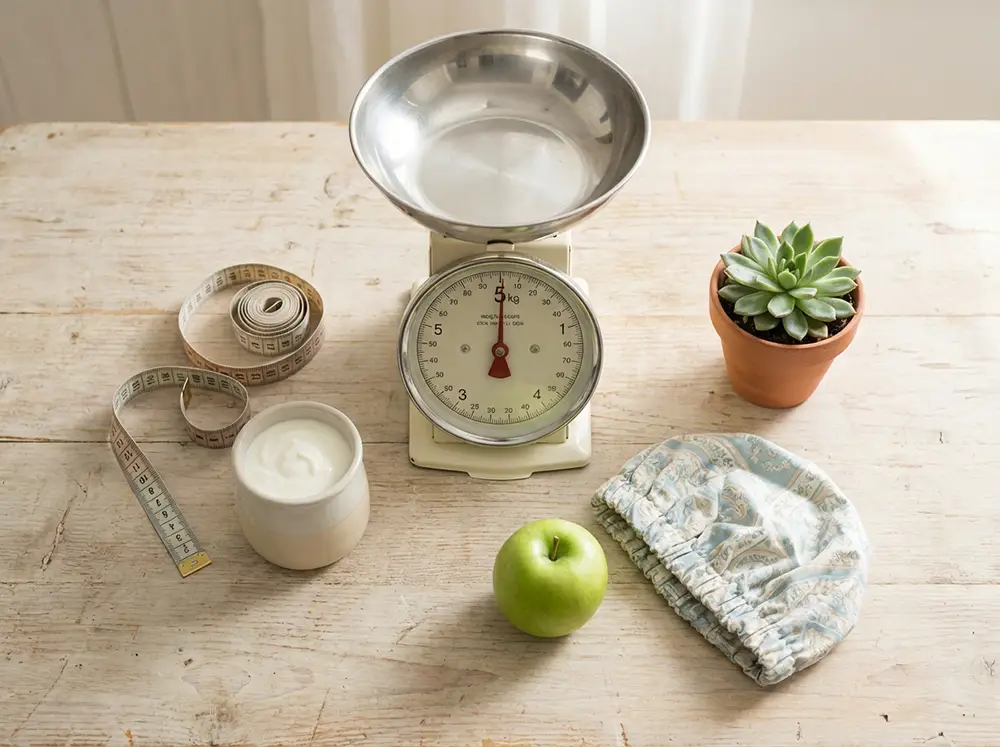 Composition lifestyle avec balance, yaourt nature et symboles de bien-être illustrant les bénéfices après 30 jours sans sucre