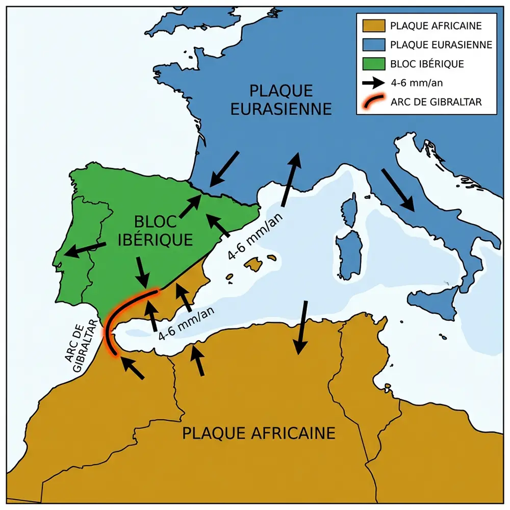 Carte géologique simplifiée montrant la plaque africaine, eurasienne et le bloc ibérique avec flèches de convergence