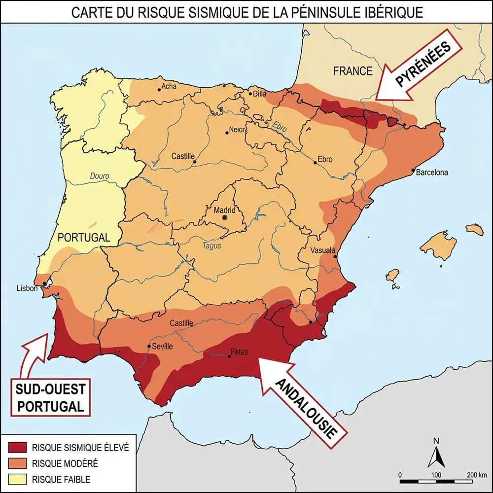 Carte de la péninsule ibérique avec zones de risque sismique en dégradé rouge-orange-jaune, annotée Andalousie, Portugal, Pyrénées
