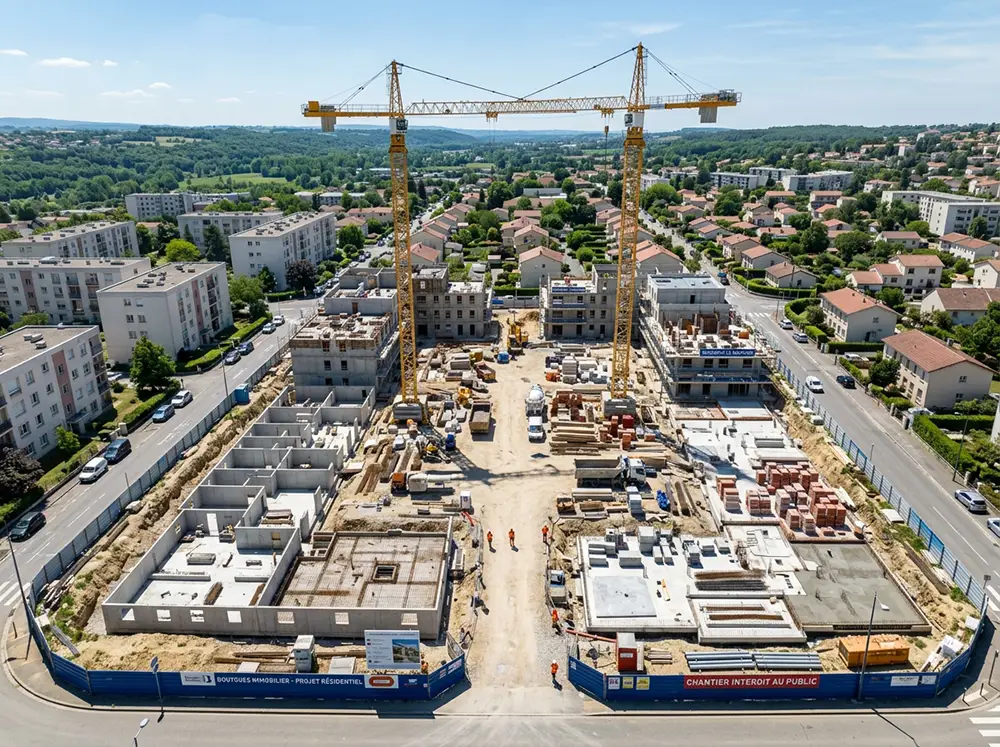 Vue aérienne d'un chantier de programme neuf avec grues et fondations en cours de construction