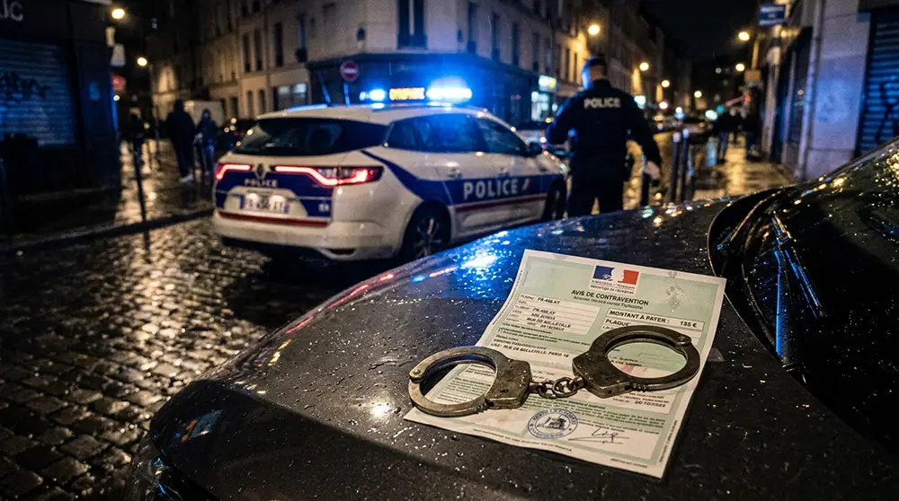 Menottes posées sur un capot de voiture symbolisant les sanctions pénales pour conduite sans permis