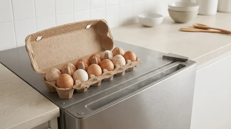 Boîte d'œufs frais posée devant un congélateur ouvert