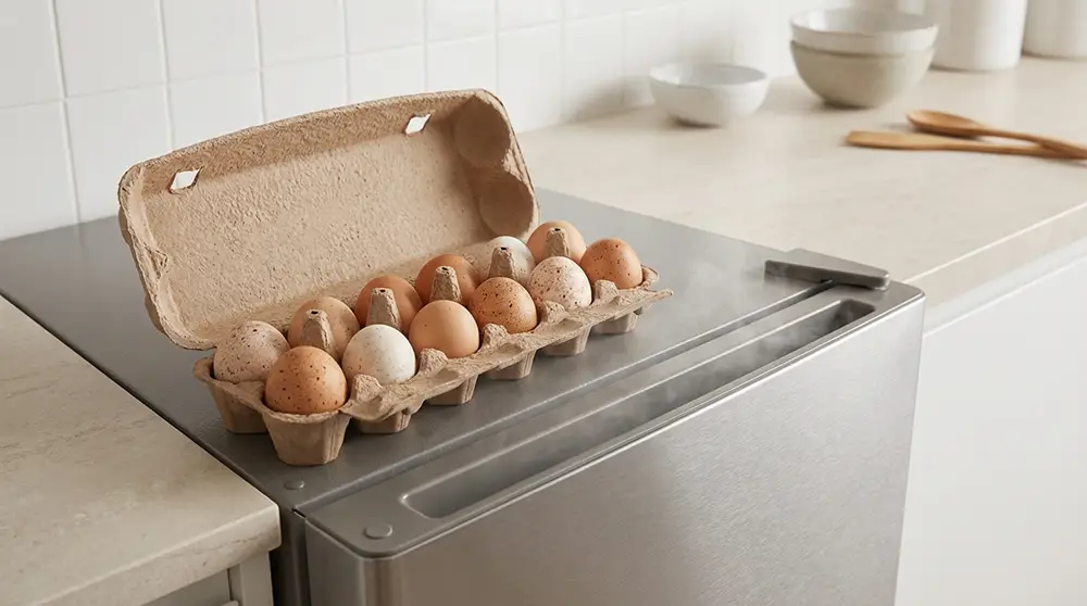 Peut-on vraiment congeler des œufs ? Ce que personne ne vous dit sur la conservation Boîte d'œufs frais posée devant un congélateur ouvert