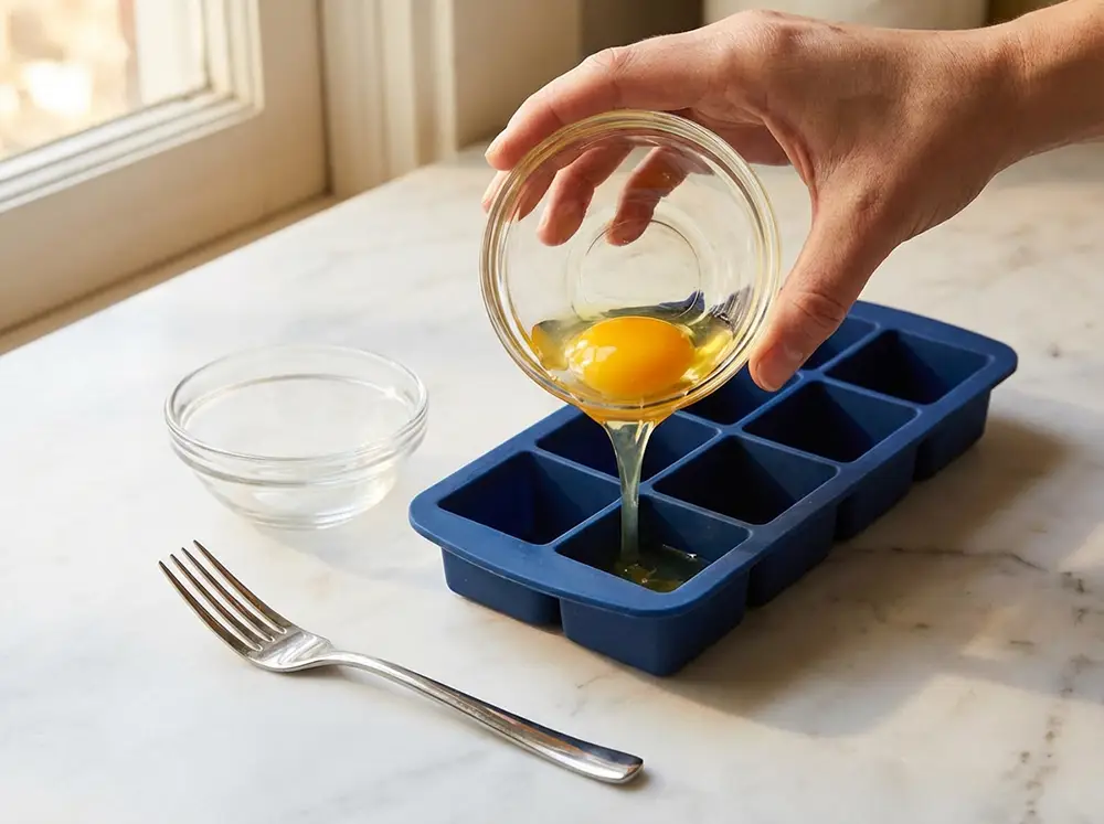 Œufs crus battus versés dans un bac à glaçons en silicone
