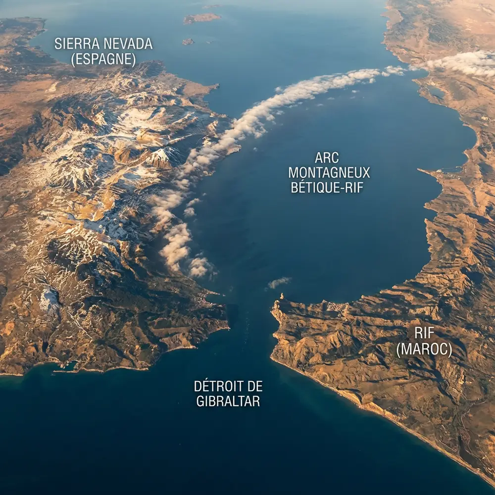 Vue aérienne de la Sierra Nevada espagnole et du Rif marocain de part et d'autre du détroit de Gibraltar