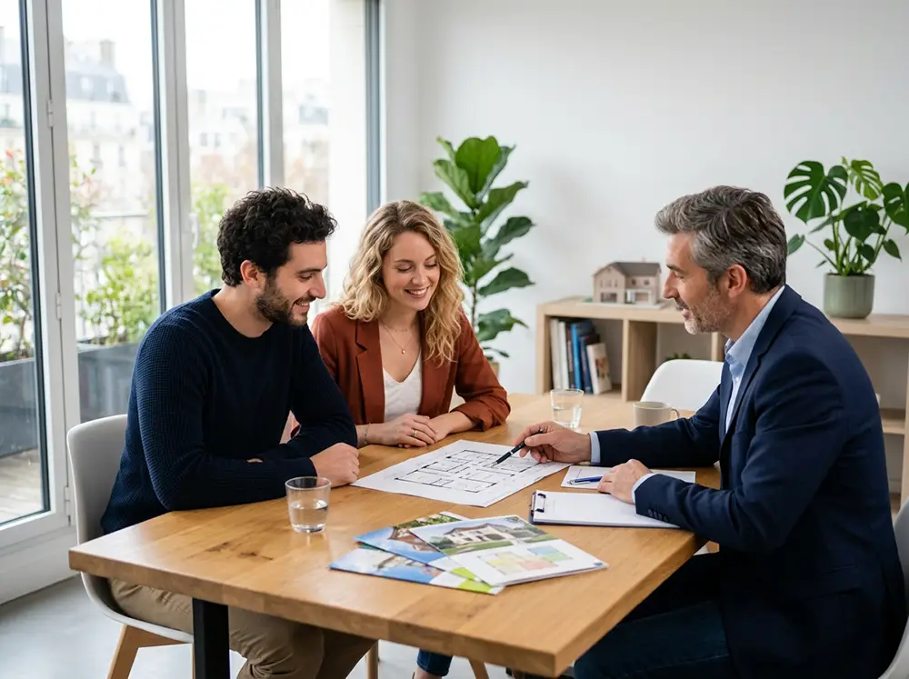 Couple de primo-accédants consultant un conseiller immobilier devant des plans d'appartement neuf