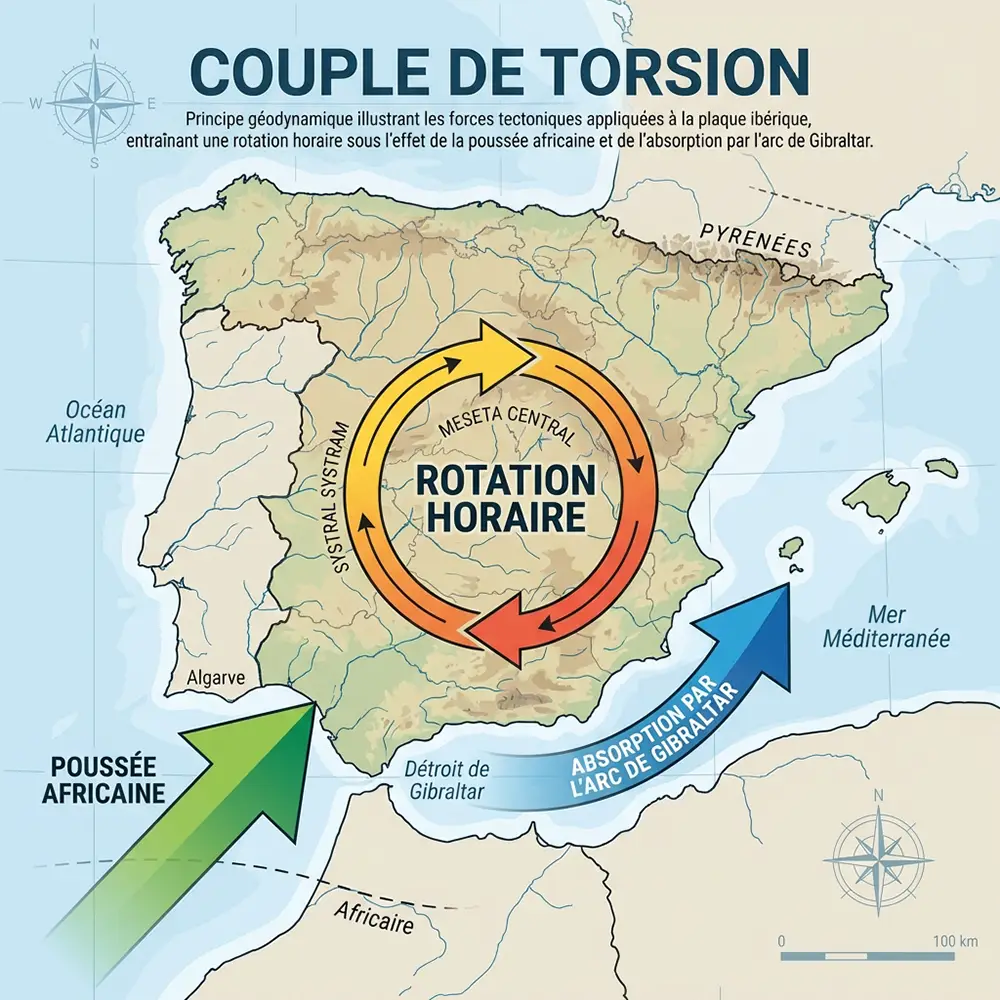 Schéma du couple de torsion appliqué au bloc ibérique avec flèches de poussée africaine et absorption par l'arc de Gibraltar