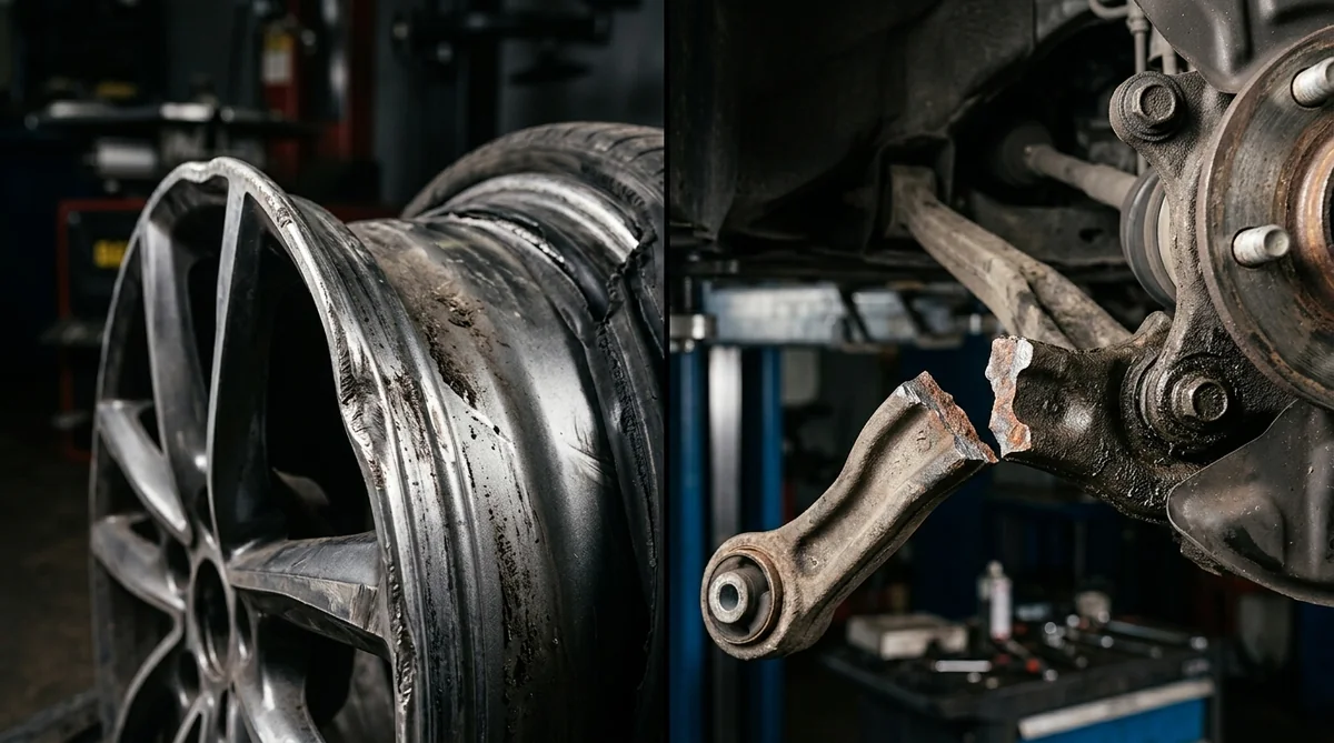 Dégâts sur la jante et la suspension causés par un pneu crevé Jante en alliage déformée et composant de suspension endommagé suite à la circulation avec un pneu dégonflé