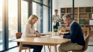 Le divorce à l’amiable, nouveau réflexe des couples français qui se séparent Couple signant une convention de divorce à l'amiable avec leur avocat