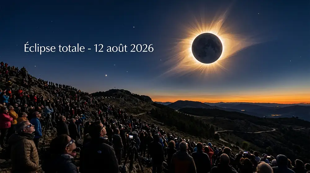 Projet Anchor : Image photoréaliste spectaculaire d'une éclipse solaire totale avec couronne solaire visible autour du disque lunaire sombre et foule observant avec lunettes certifiées -