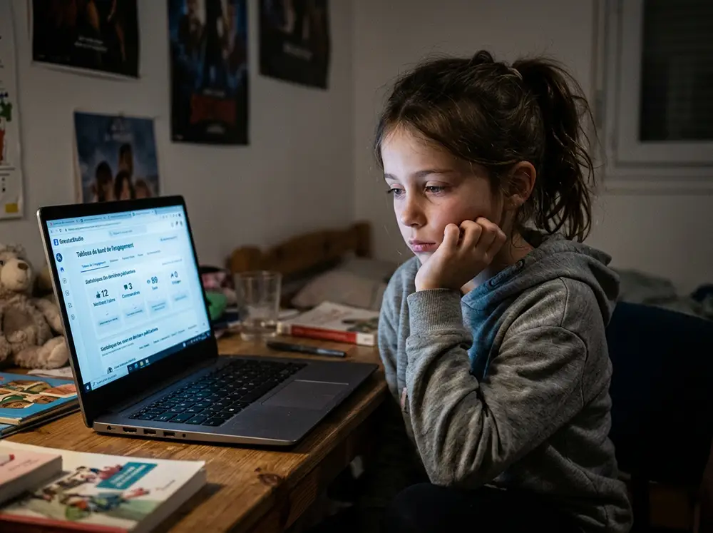 Enfant seul devant un écran d'ordinateur montrant des métriques de réseaux sociaux, illustrant la pression psychologique et les risques de santé mentale pour les jeunes youtubeurs